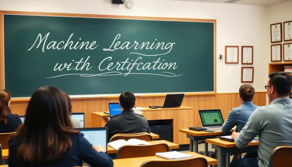 A serene and well-lit classroom setting, with a large chalkboard displaying "Machine Learning Courses with Certification" written in elegant cursive. In the foreground, several students sit attentively, laptops open, engaged in their studies. The middle ground features a teacher's desk, meticulously organized with textbooks, notes, and a laptop displaying a certification program. The background showcases a wall adorned with framed diplomas and certificates, suggesting a prestigious academic environment. The lighting is soft and warm, creating a welcoming atmosphere for learning.