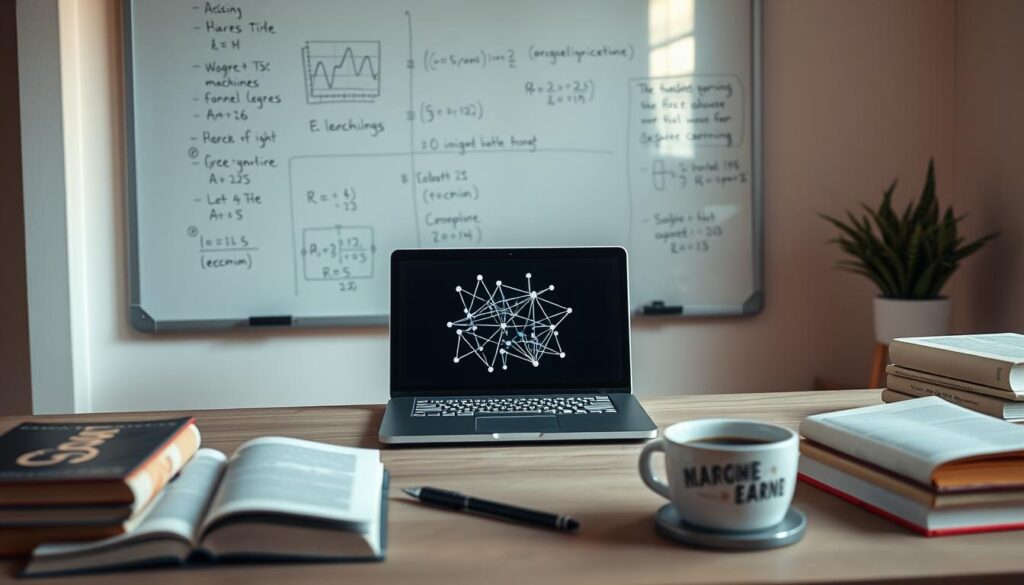 A serene, minimalist workspace with an open laptop displaying an abstract machine learning schematic. Behind it, a whiteboard with handwritten equations and diagrams, illuminated by soft, warm lighting. In the foreground, a collection of books, a pen, and a cup of coffee, creating an atmosphere of focused learning and self-discovery. The overall scene conveys a sense of dedication, exploration, and the journey of mastering machine learning from the ground up.