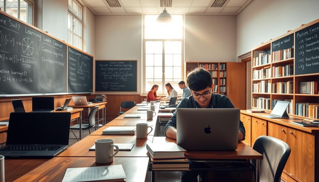 A serene classroom setting with an array of laptops, textbooks, and coffee mugs on a wooden desk. The walls are adorned with chalkboards displaying machine learning equations and diagrams. Sunlight streams through large windows, casting a warm, inviting glow over the scene. In the foreground, a student is intently studying a machine learning course on their laptop, while a few others collaborate on a project in the middle ground. The background features a bookshelf filled with relevant texts, conveying a sense of academic rigor and intellectual pursuit.
