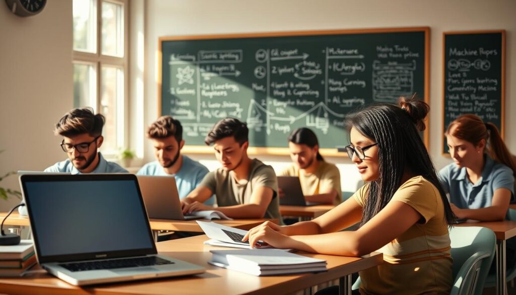 A serene, sunlit classroom setting with a modern laptop, textbooks, and a chalkboard in the background, showcasing various machine learning concepts and algorithms. The foreground features a diverse group of students engrossed in online tutorials, their faces lit with the glow of their screens. Soft, natural lighting filters through the windows, creating a warm, inviting atmosphere conducive to learning. The overall scene conveys a sense of focused engagement, intellectual growth, and the accessibility of free, high-quality machine learning education.