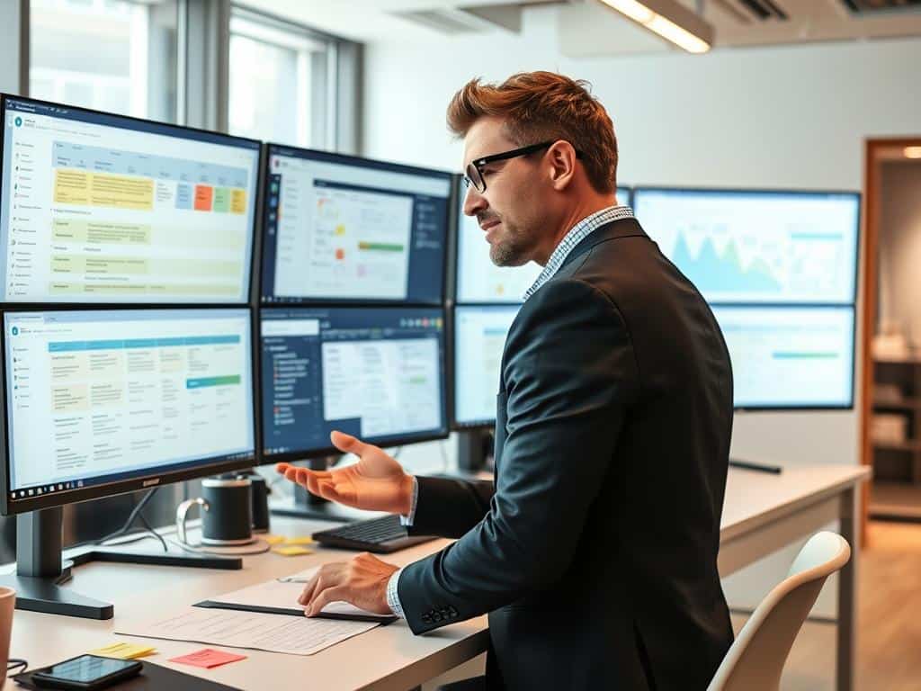 AI Product Manager reviewing AI project roadmap on digital screens