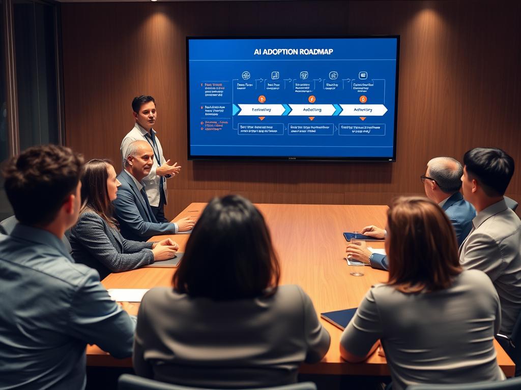 AI Strategy Consultant presenting AI adoption roadmap to executives
