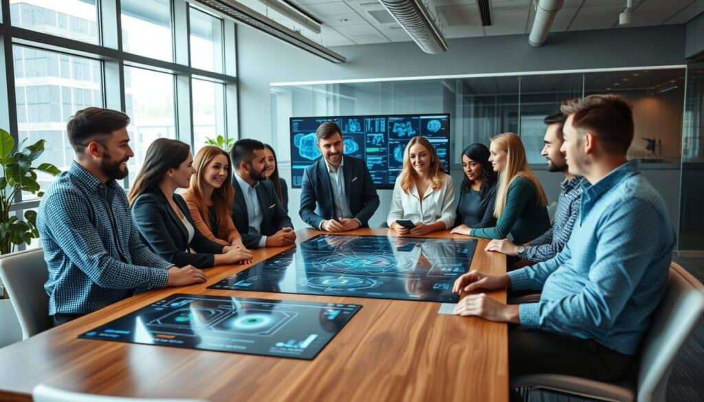 AI jobs for non-technical professionals showing diverse professionals in a modern office setting discussing AI projects