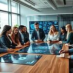 AI jobs for non-technical professionals showing diverse professionals in a modern office setting discussing AI projects