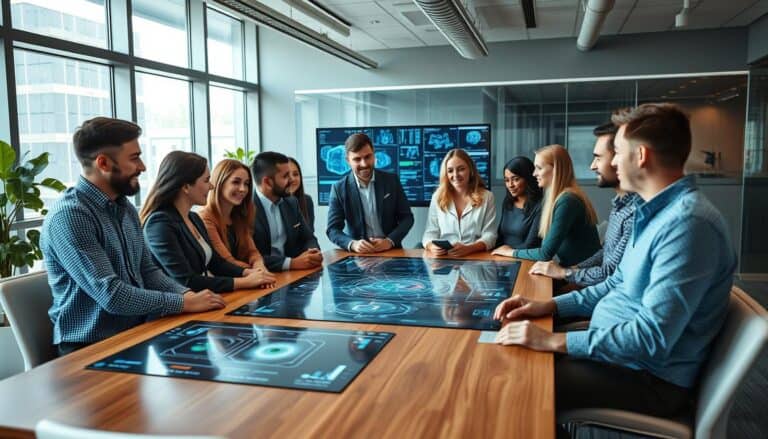 AI jobs for non-technical professionals showing diverse professionals in a modern office setting discussing AI projects