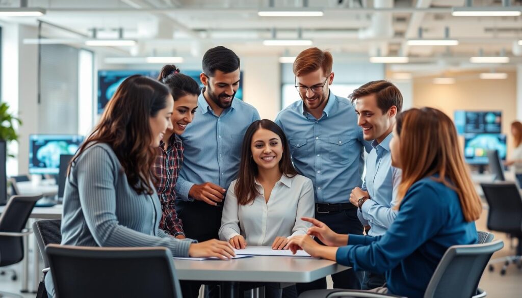 Diverse group of professionals collaborating on AI projects