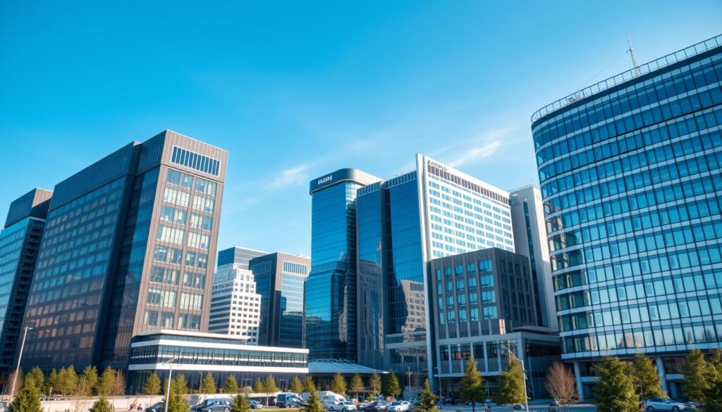 Modern office buildings of companies hiring for AI positions