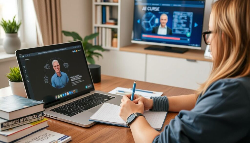 Professional studying AI fundamentals online with notes and digital resources